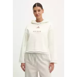 adidas bluza ALL SZN Graphic femei, culoarea bej, cu glugă, cu imprimeu, JJ4517 imagine