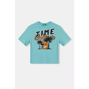United Colors of Benetton tricou de bumbac pentru copii culoarea turcoaz, cu imprimeu, 3I1XC10O4 imagine