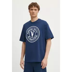 Versace Jeans Couture tricou din bumbac barbati, culoarea albastru marin, cu imprimeu, 78GAHE08 CJ00E imagine