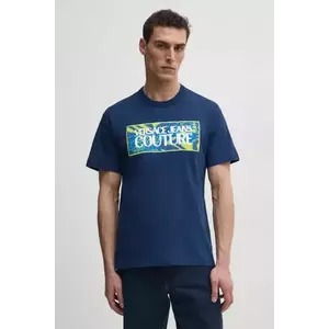 Versace Jeans Couture tricou din bumbac barbati, culoarea albastru marin, cu imprimeu, 78GAHE04 CJ00E imagine