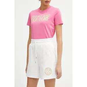 Versace Jeans Couture pantaloni scurti din bumbac femei, culoarea alb, cu imprimeu, high waist, 78HADT00 CF01T imagine