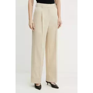 BOSS Orange pantaloni din amestec de in femei, culoarea bej, drept, high waist, 50546207 imagine