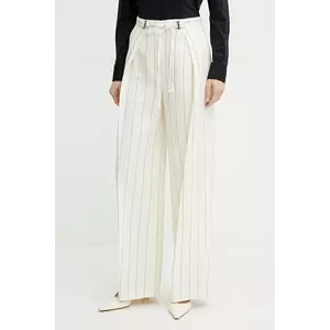 BOSS pantaloni din in femei, culoarea bej, lat, high waist, 50538216 imagine