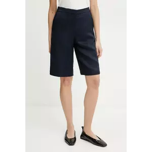 BOSS pantaloni scurți din amestec de in femei, culoarea albastru marin, neted, high waist, 50537403 imagine