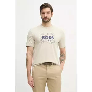 BOSS Orange tricou din bumbac bărbați, culoarea bej, cu imprimeu, 50539186 imagine