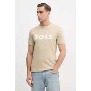 BOSS tricou din bumbac culoarea bej, cu imprimeu imagine