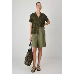 Medicine pantaloni scurți din amestec de in femei, culoarea verde, neted, high waist imagine