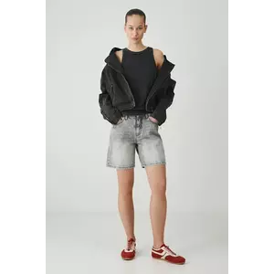 Medicine pantaloni scurti din bumbac femei, culoarea gri, neted, high waist imagine