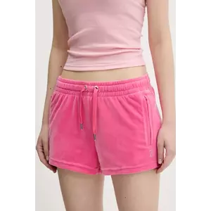 Juicy Couture pantaloni scurți de catifea TAMIA femei, culoarea roz, cu imprimeu, medium waist, JCWH121001 imagine