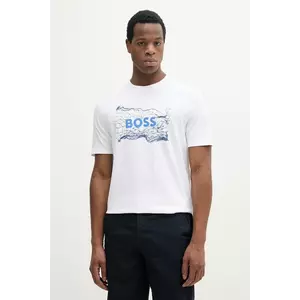 BOSS Orange tricou din bumbac bărbați, culoarea bej, cu imprimeu, 50539186 imagine