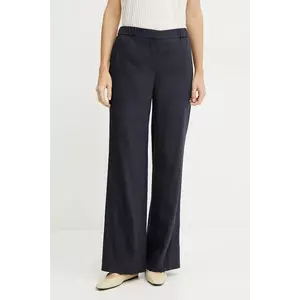BOSS pantaloni din in femei, culoarea bleumarin, drept, high waist, 50540608 imagine