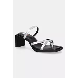 Tommy Jeans papuci de piele THE SOHO SANDAL METALLIC femei, culoarea argintiu, cu toc drept, EN0EN02801 imagine