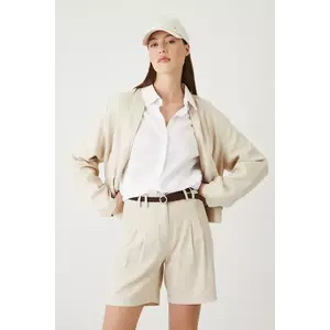 Medicine pantaloni scurti din in femei, culoarea bej, neted, high waist imagine