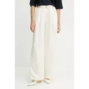 BOSS pantaloni din amestec de in femei, culoarea bej, drept, high waist, 50538045 imagine