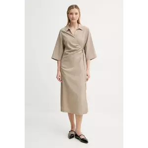 Samsoe Samsoe rochie din amestec de in SAHANI culoarea bej, midi, dreaptă, F25100011 imagine