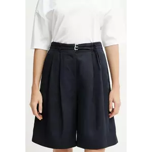 BOSS pantaloni scurți din amestec de in femei, culoarea bleumarin, uni, high waist, 50537809 imagine