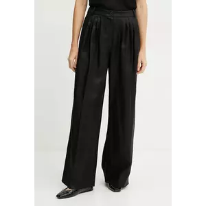 Luisa Spagnoli pantaloni din in femei, culoarea negru, lat, high waist, 542166 imagine