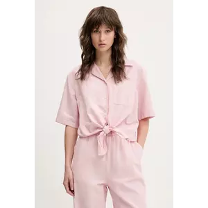 Tommy Jeans cămașă din amestec de in femei, culoarea roz, cu guler clasic, relaxed, DW0DW20286 imagine
