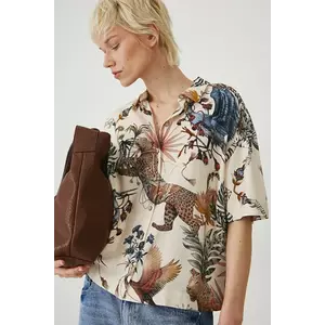 Medicine camasa din amestec de in femei, culoarea bej, cu guler clasic, regular imagine