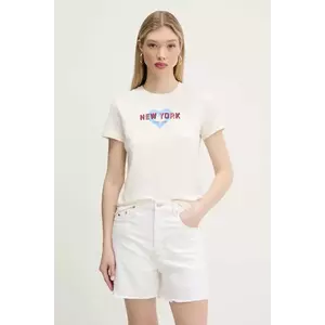 Tommy Jeans tricou din bumbac femei, culoarea bej, DW0DW21769 imagine
