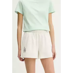 New Era pantaloni scurți culoarea bej, melanj, high waist, 60596481 imagine