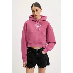 Tommy Jeans hanorac de bumbac culoarea roz, cu glugă, cu imprimeu, DW0DW20311 imagine