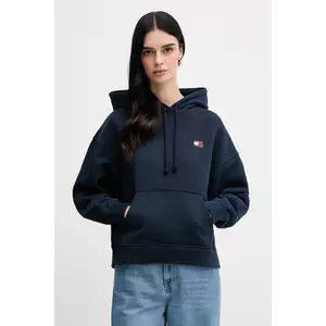 Tommy Jeans hanorac de bumbac femei, culoarea albastru marin, cu glugă, cu imprimeu, DW0DW19414 imagine