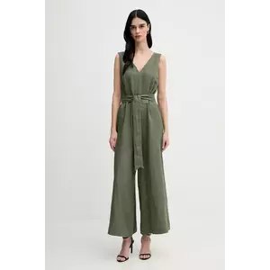 United Colors of Benetton salopetă din in culoarea verde, cu decolteu in v, 4AGHDT00E imagine