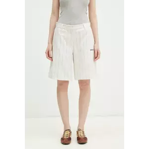 adidas Originals pantaloni scurți PINSTRIPE SHORT femei, culoarea bej, cu imprimeu, high waist, JC7684 imagine