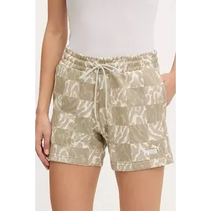 Puma pantaloni scurți culoarea bej, cu imprimeu, medium waist, 685073 imagine