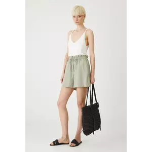 Medicine pantaloni scurți din amestec de in femei, culoarea verde, uni, medium waist imagine