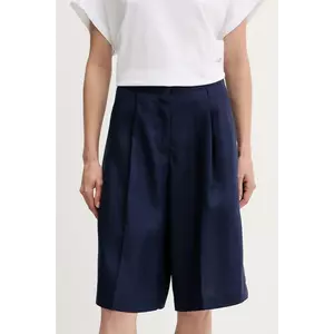 United Colors of Benetton pantaloni scurți din amestec de in culoarea bleumarin, uni, high waist, 45BVD9026 imagine