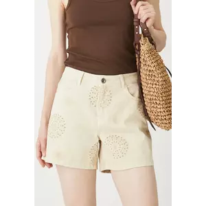 Medicine pantaloni scurti din bumbac culoarea bej, cu imprimeu, medium waist imagine