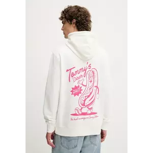 Tommy Jeans hanorac de bumbac culoarea alb, cu glugă, cu imprimeu, DM0DM21798 imagine