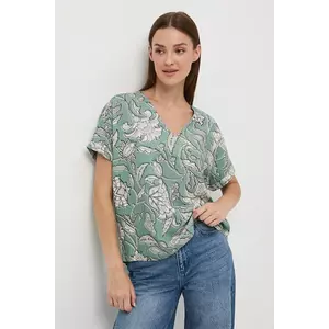 Medicine bluză din amestec de in culoarea turcoaz, cu imprimeu imagine