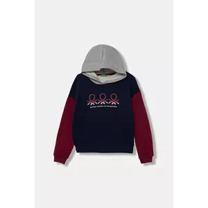 United Colors of Benetton hanorac de bumbac pentru copii culoarea bleumarin, cu glugă, cu imprimeu, 3J68C204W imagine