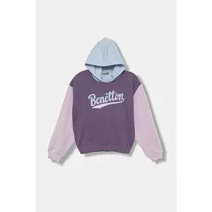 United Colors of Benetton hanorac de bumbac pentru copii culoarea violet, cu glugă, cu imprimeu, 3J68C204W imagine