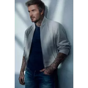 BOSS geacă bomber din piele întoarsă BECKHAM X BOSS culoarea bej, de tranzitie, 50549074 imagine