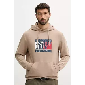 Tommy Jeans hanorac de bumbac culoarea maro, cu glugă, cu imprimeu, DM0DM22092 imagine