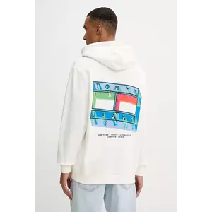 Tommy Jeans hanorac de bumbac culoarea bej, cu glugă, cu imprimeu, DM0DM22077 imagine