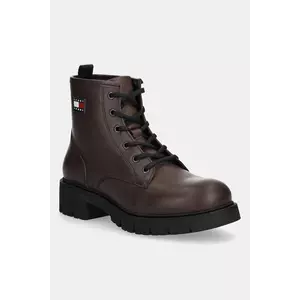 Tommy Jeans cizme de piele TJW LACE UP LEATHER BOOT culoarea maro, cu toc plat, EN0EN02824 imagine