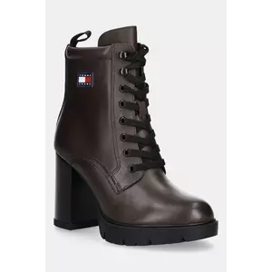Tommy Jeans cizme de piele TJW HEEL LACE UP BOOT culoarea maro, cu toc drept, EN0EN02832 imagine