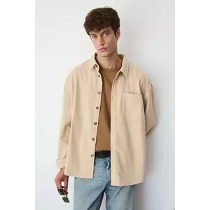 Medicine camasa din velur culoarea bej, cu guler clasic, relaxed imagine