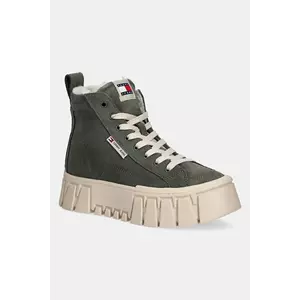 Tommy Jeans pantofi de piele întoarsă TJW VULC FLATFORM SUEDE WL culoarea verde, cu platformă, izolare ușoară, EN0EN02894 imagine