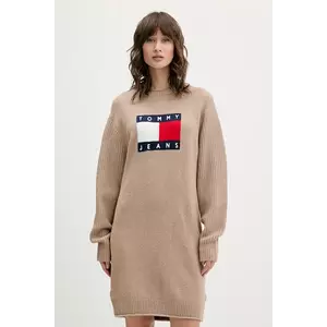 Tommy Jeans rochie din amestec de lână culoarea bej, mini, oversize, DW0DW21462 imagine