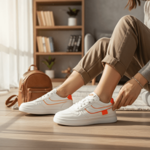 Adidasi dama casual albi cu portocaliu 7906 T7-4 imagine