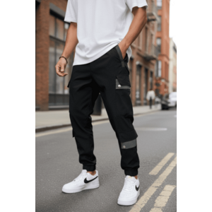 Pantaloni de trening cargo negri conici T201 imagine