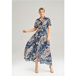 Rochie lunga poliester - bleumarin - cu flori - imagine