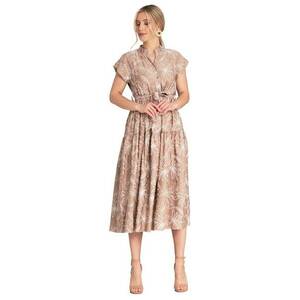 Rochie lunga florala M1180 - guler ridicat - bej - viscoza - nailon - imagine