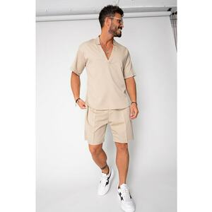 Set Como bluza V-cut si pantaloni scurti Beige 16740 imagine